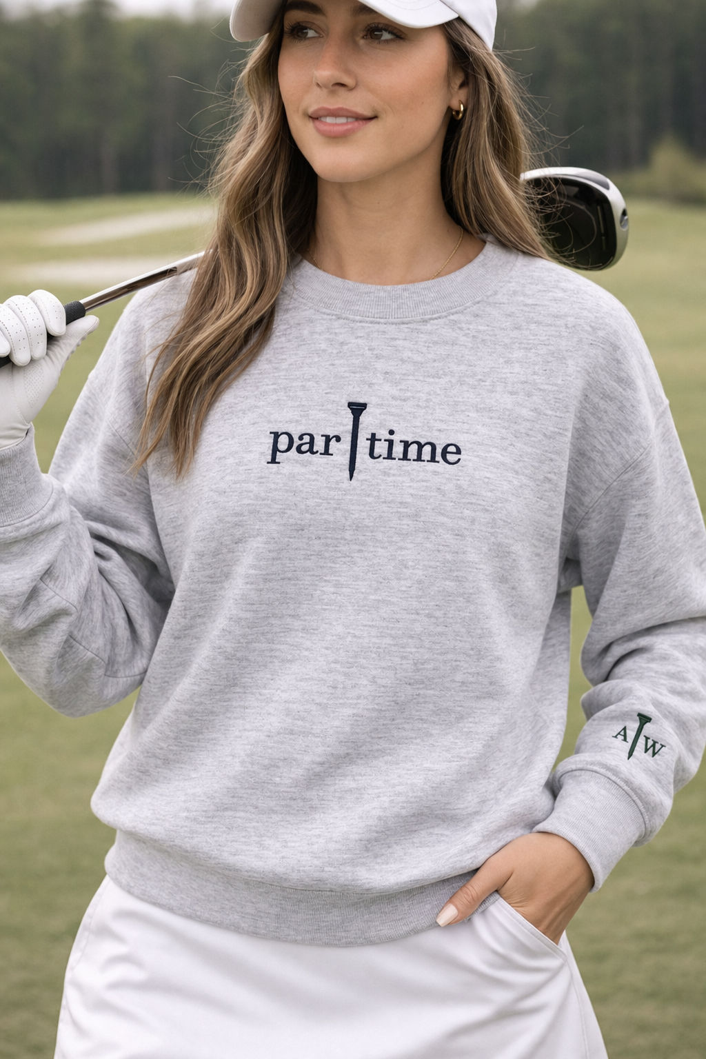 Par Time embroidered golf sweatshirt worn on model